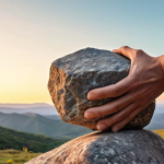 **A person releasing a heavy stone from their back, symbolizing forgiveness and letting go of the past. A bright, hopeful landscape in the background.**