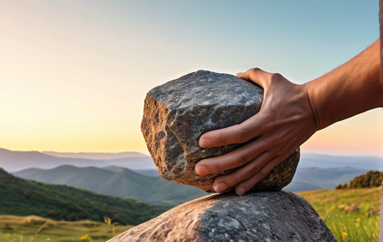 **A person releasing a heavy stone from their back, symbolizing forgiveness and letting go of the past. A bright, hopeful landscape in the background.**